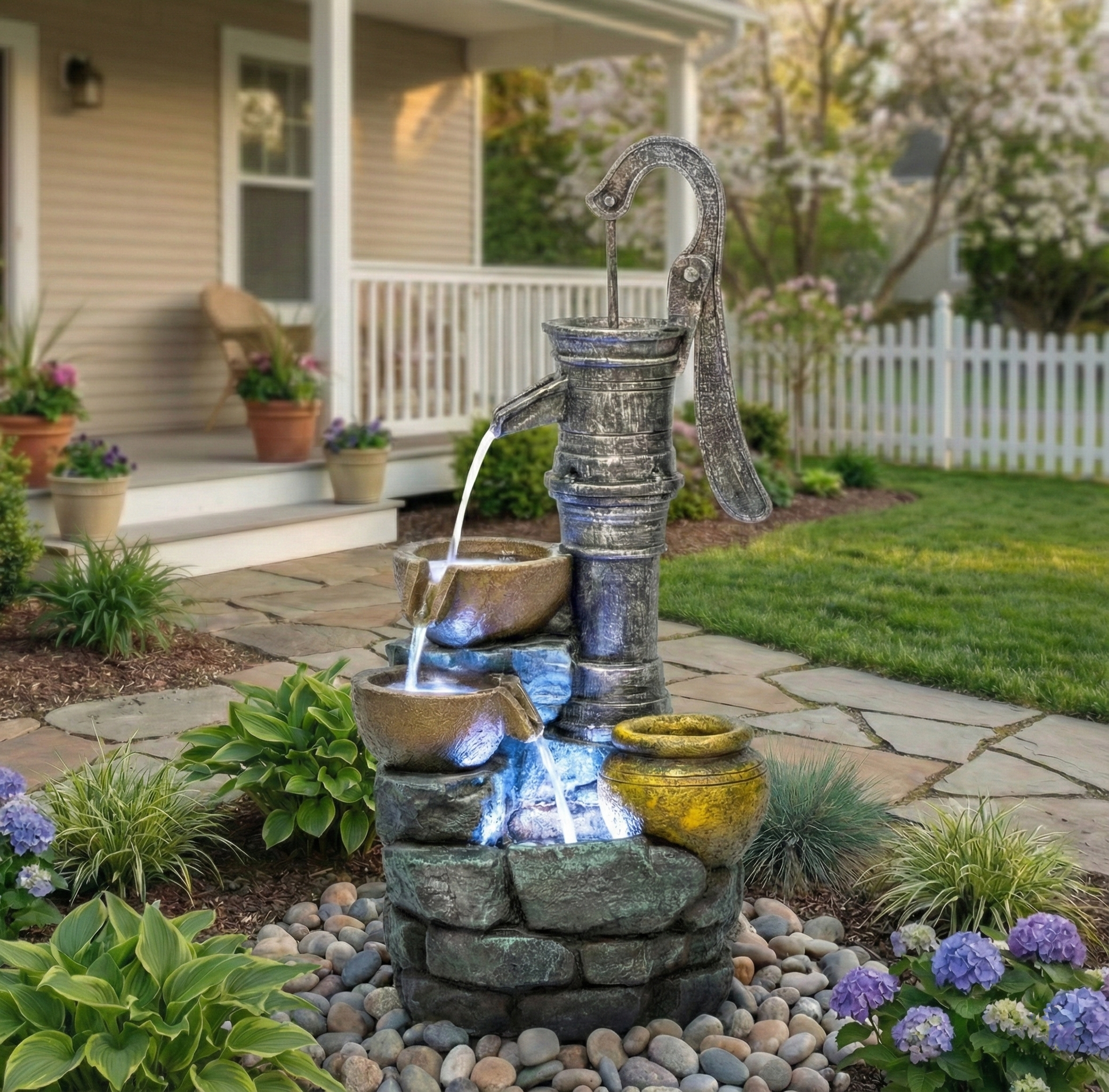 Resin Hand Pump Cascading Outdoor Fountain 32 Inch on patio