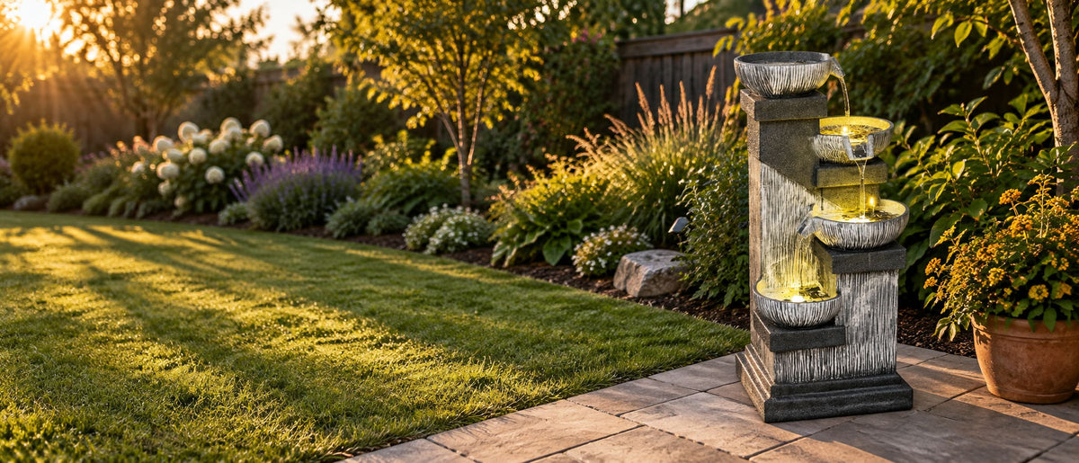 Tiered bowl fountain running on a patio at golden hour, lawn and planted border sweeping away to the left