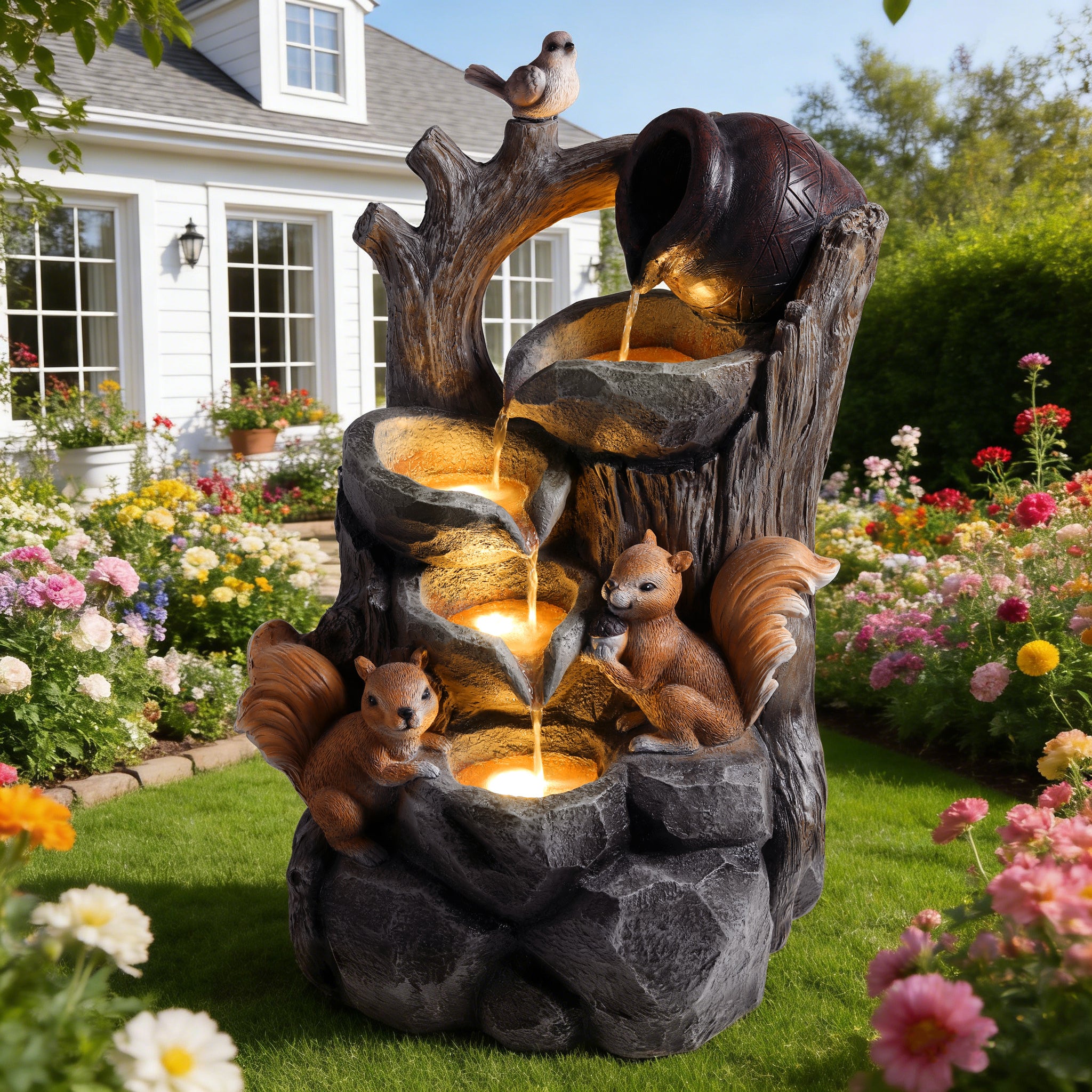 Resin Squirrel Tree Stump Outdoor Fountain 30 Inch in garden setting
