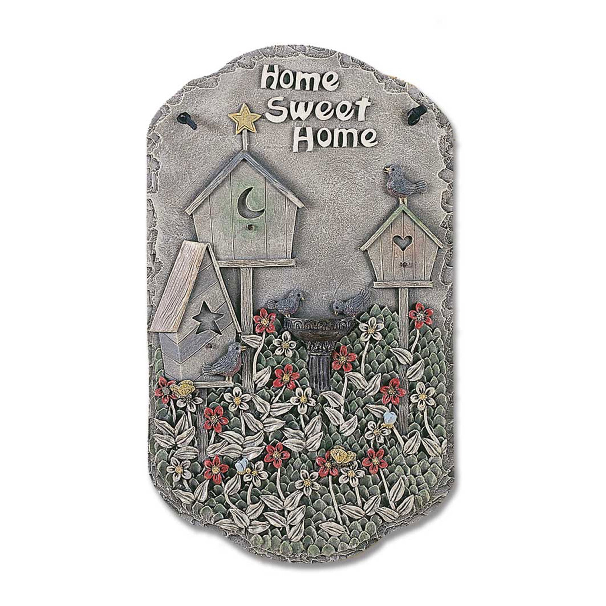home sweet home slate look resin plaque with sculpted birdhouses songbird and hand-painted flowers
