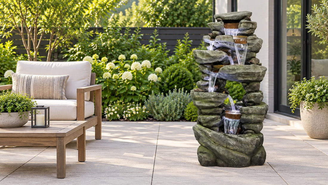 Tall rock waterfall fountain standing directly on patio paving beside a chair and low table