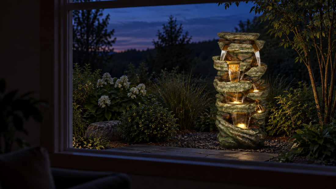 Lit rock waterfall fountain glowing in a garden at dusk seen through a window from a dark room