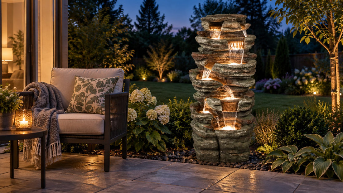 Tall rock fountain glowing from inside each ledge at dusk beside a cushioned patio chair