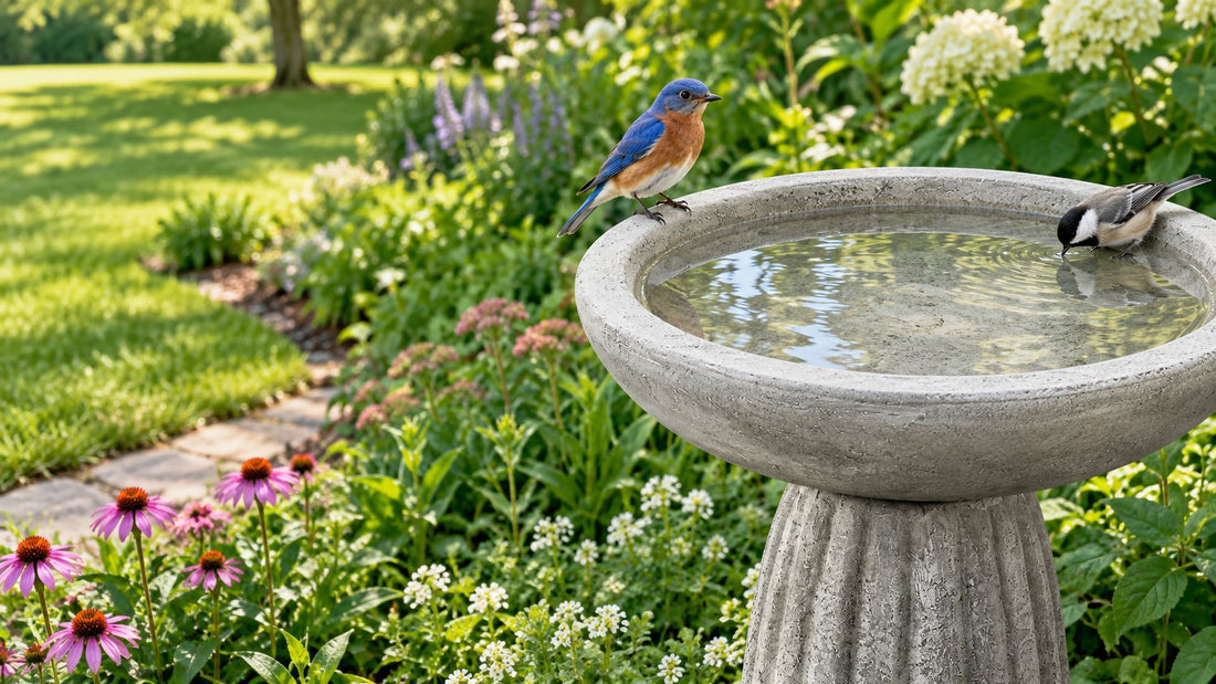An eastern bluebird on the rim of a concrete bird bath and a chickadee drinking, lawn and flower bed behind