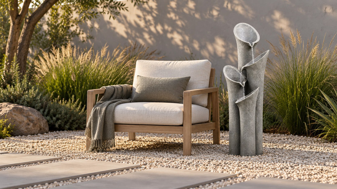 Modern concrete trumpet flower fountain in a gravel garden next to a teak lounge chair