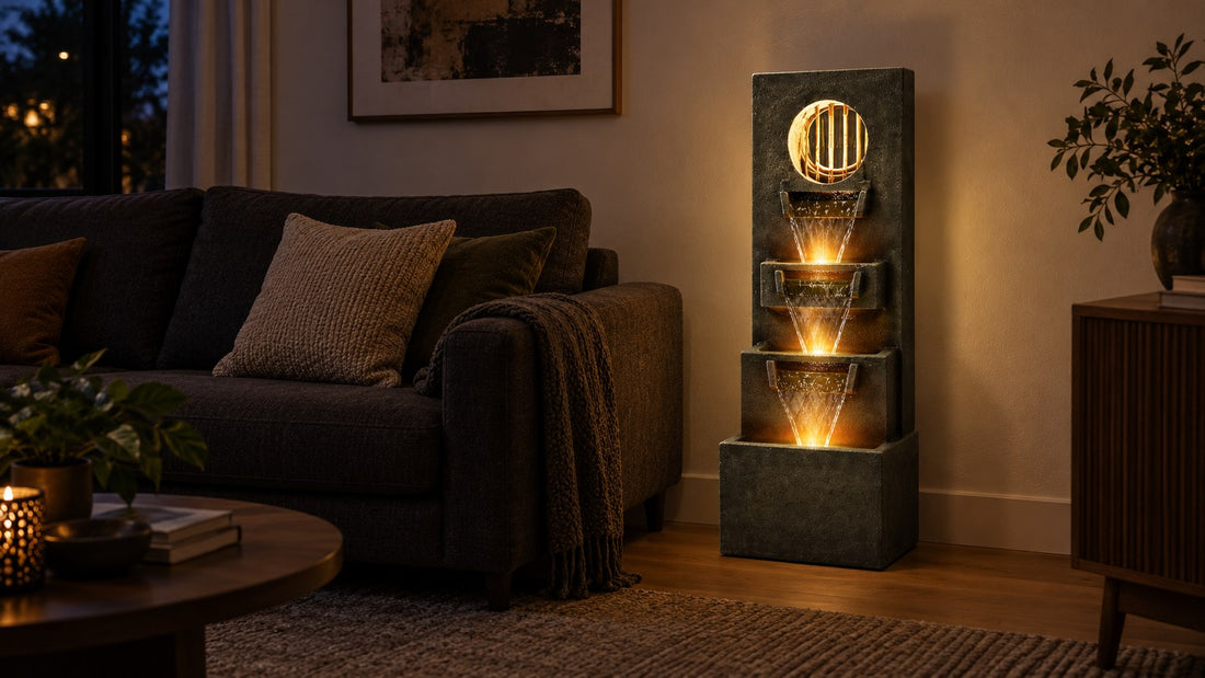 Modern cutout fountain lit warm white in a dark living room beside a sofa at night