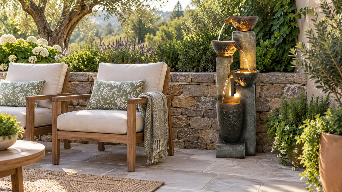 Urn fountain with bronze bowls pouring into a tall jar on a patio beside two cushioned chairs