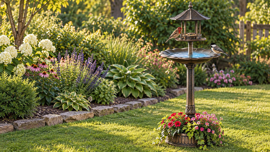 Tall bronze resin bird bath with a covered feeder above the basin and flowers in the planter base, a finch and a chickadee