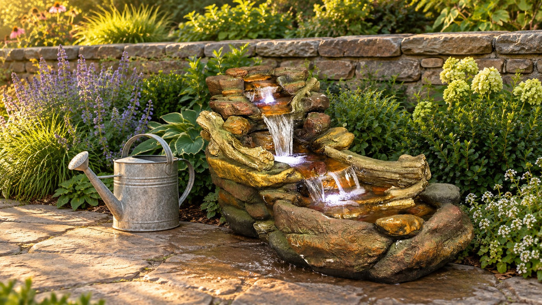 Low wide rock and driftwood creek fountain in front of a stone garden wall beside a watering can