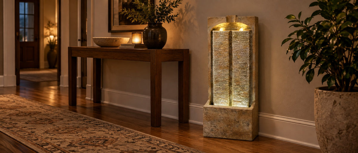 Sandstone column fountain lit along a dim hallway beside a console table and runner rug