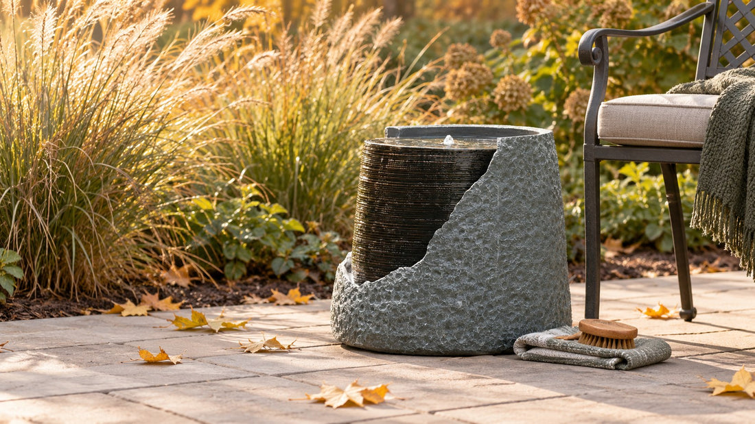 Small broken shell urn fountain on a patio in autumn with a cloth and brush beside it