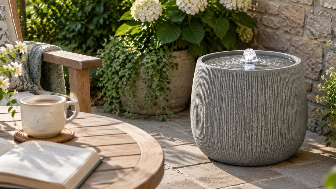 Grey ribbed drum bubbler fountain on a stone patio beside a table with coffee and an open book