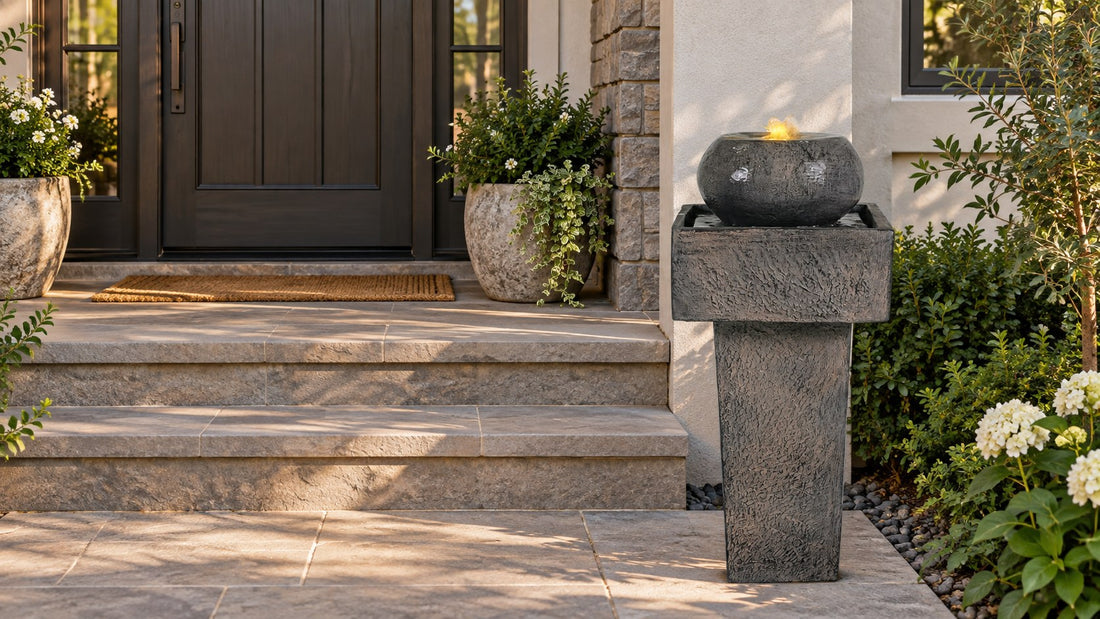 Small concrete pedestal fountain with a glowing orb top beside the front steps of a house