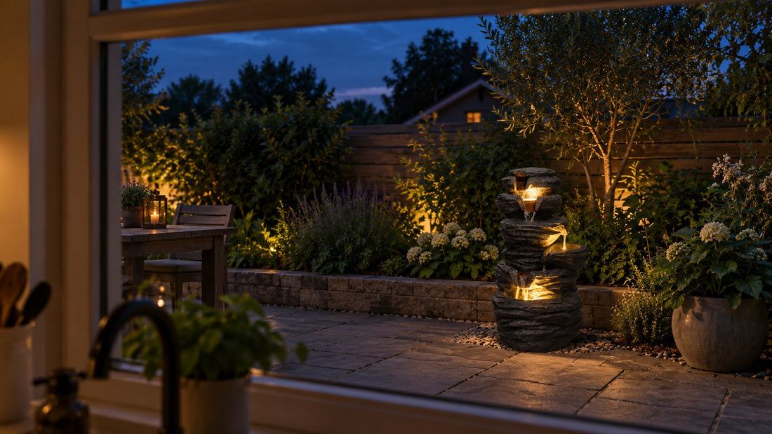 Small stacked slate fountain glowing at dusk on a patio, seen through a kitchen window
