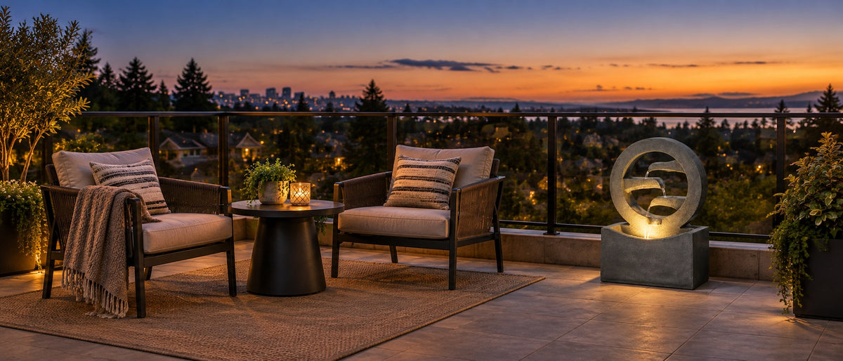 Lit ring fountain on a rooftop terrace at dusk beside two lounge chairs, city lights beyond the railing
