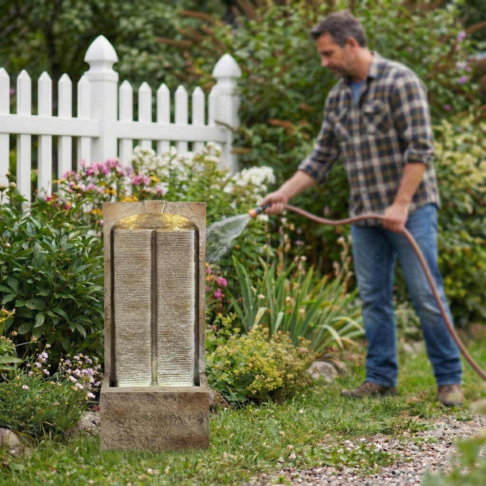 split sandstone column fountain by a white picket fence with homeowner gardening