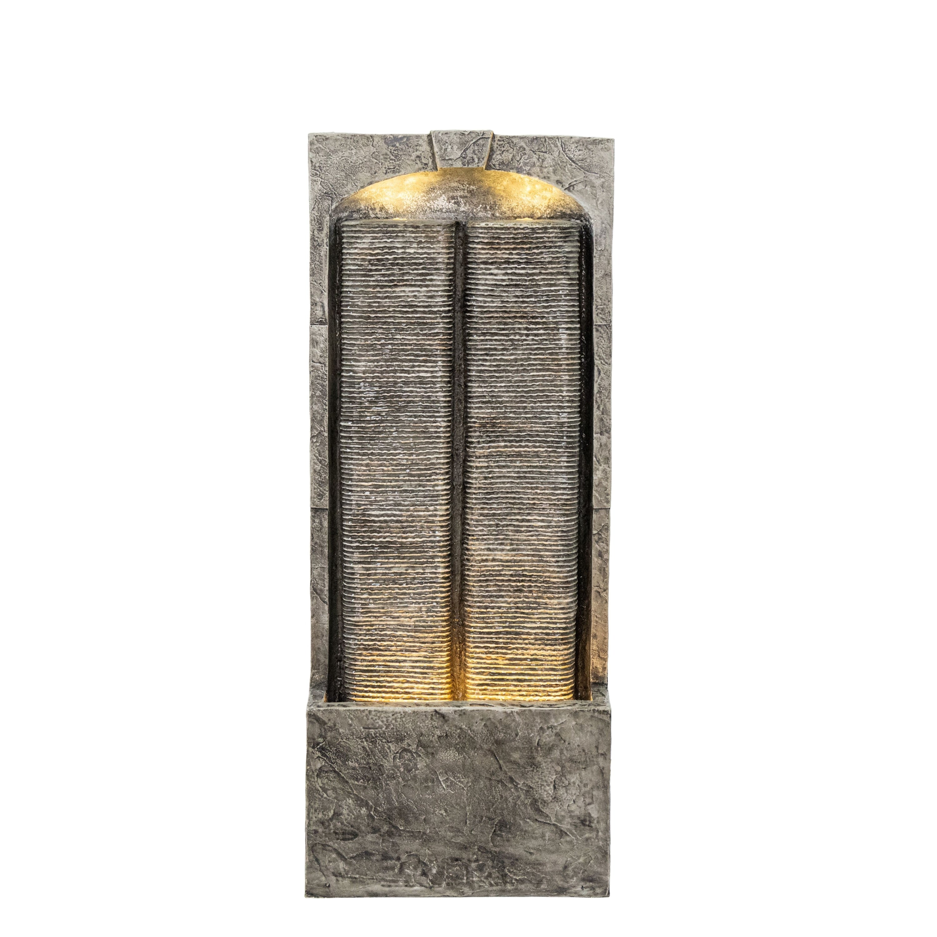 split slate column fountain front view with ribbed slate texture