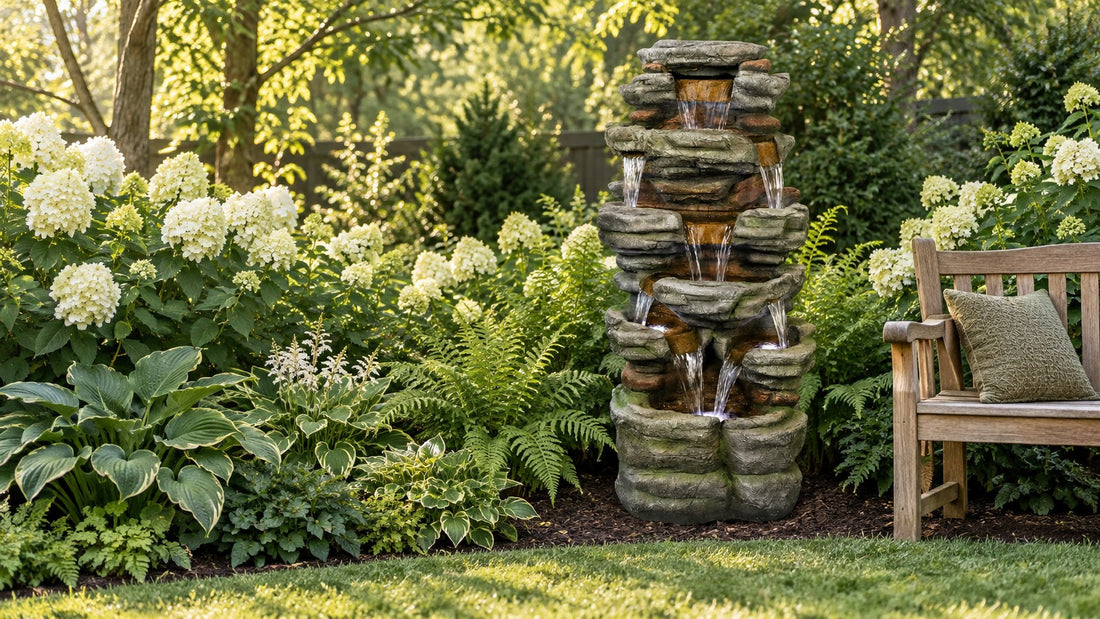 Stacked shale waterfall fountain with many small falls in a garden bed of hydrangeas, hostas and ferns beside a bench