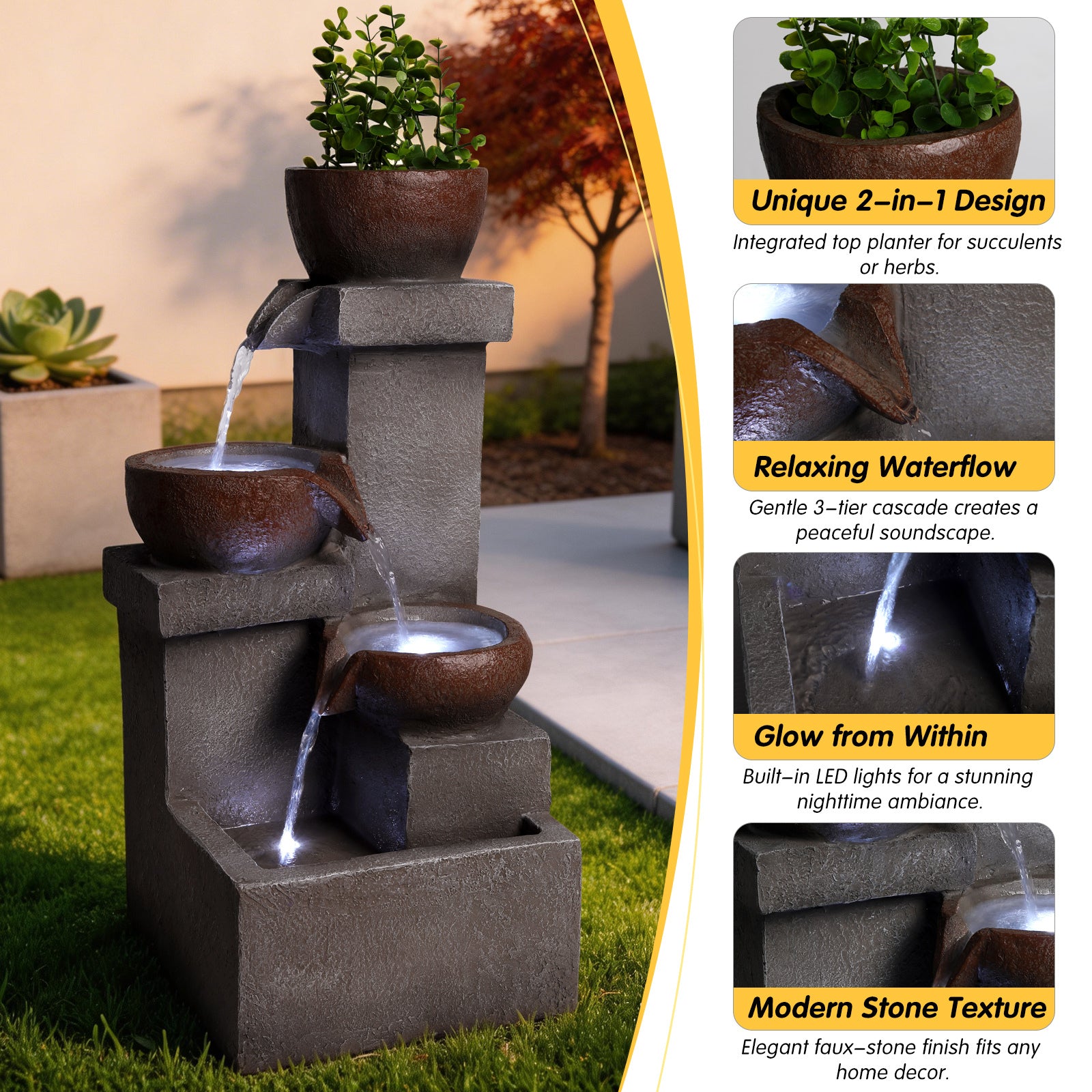 two in one planter and waterfall design details of stacked stone fountain