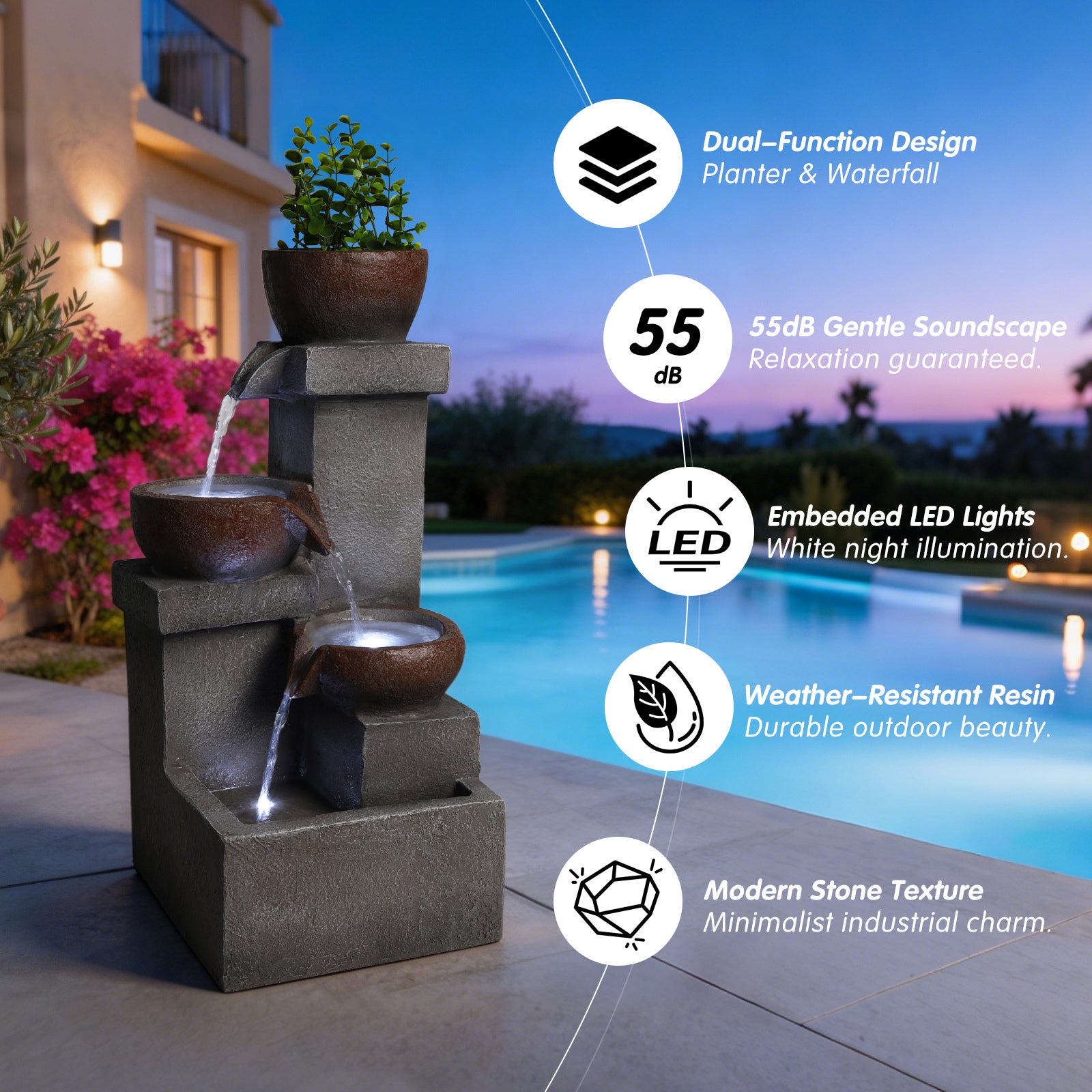stacked stone planter fountain feature overview poolside