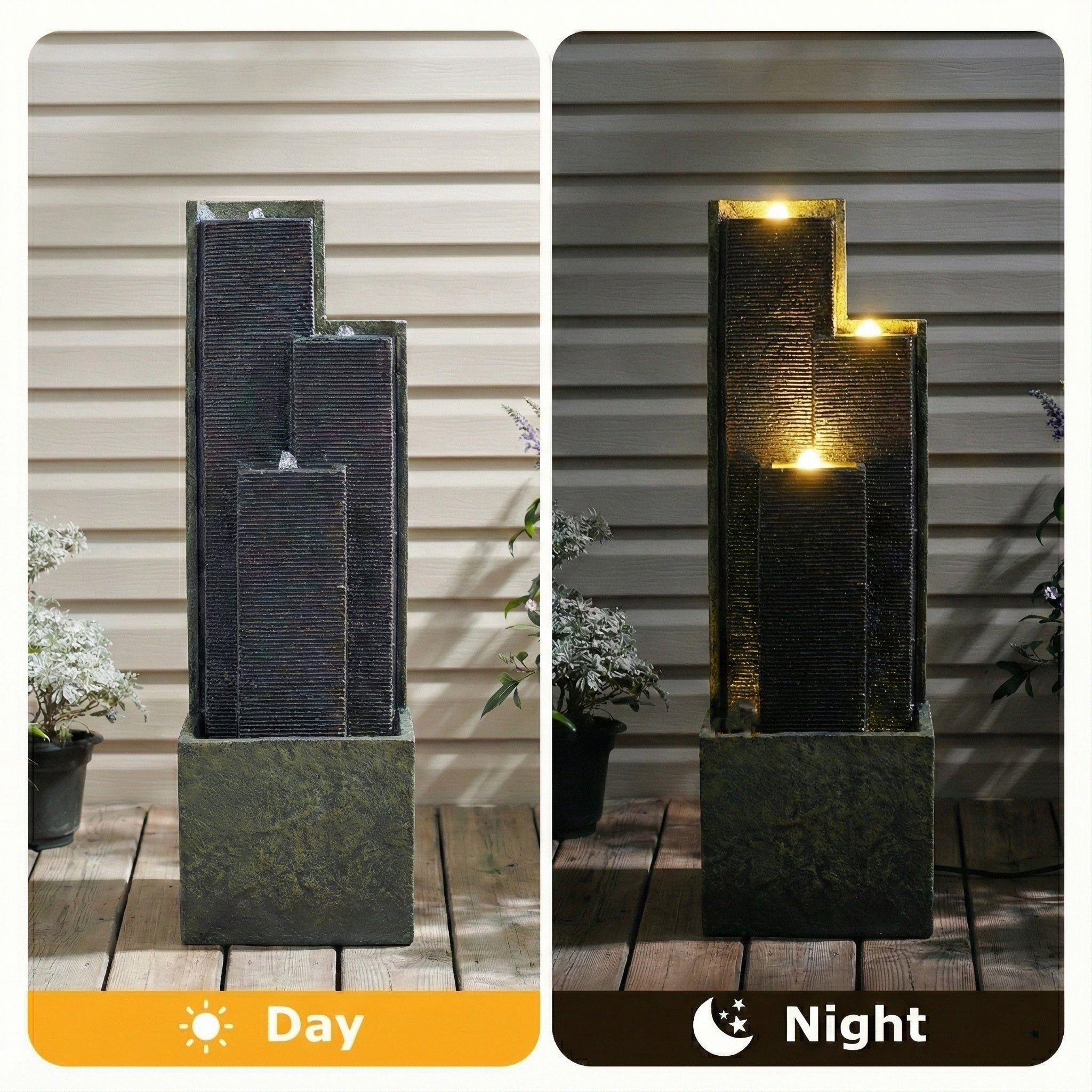staggered cascading fountain day and night LED lighting comparison