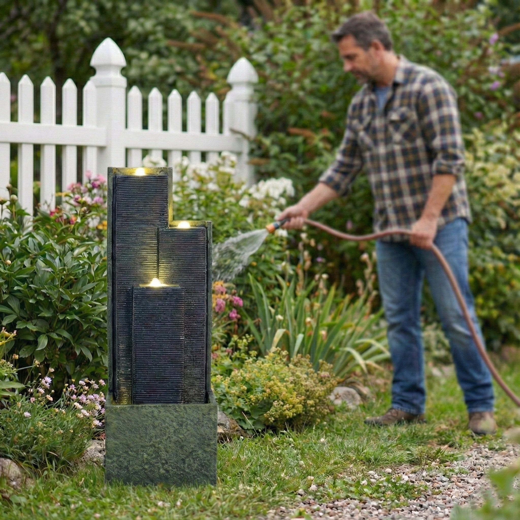homeowner watering garden plants beside staggered cascading fountain