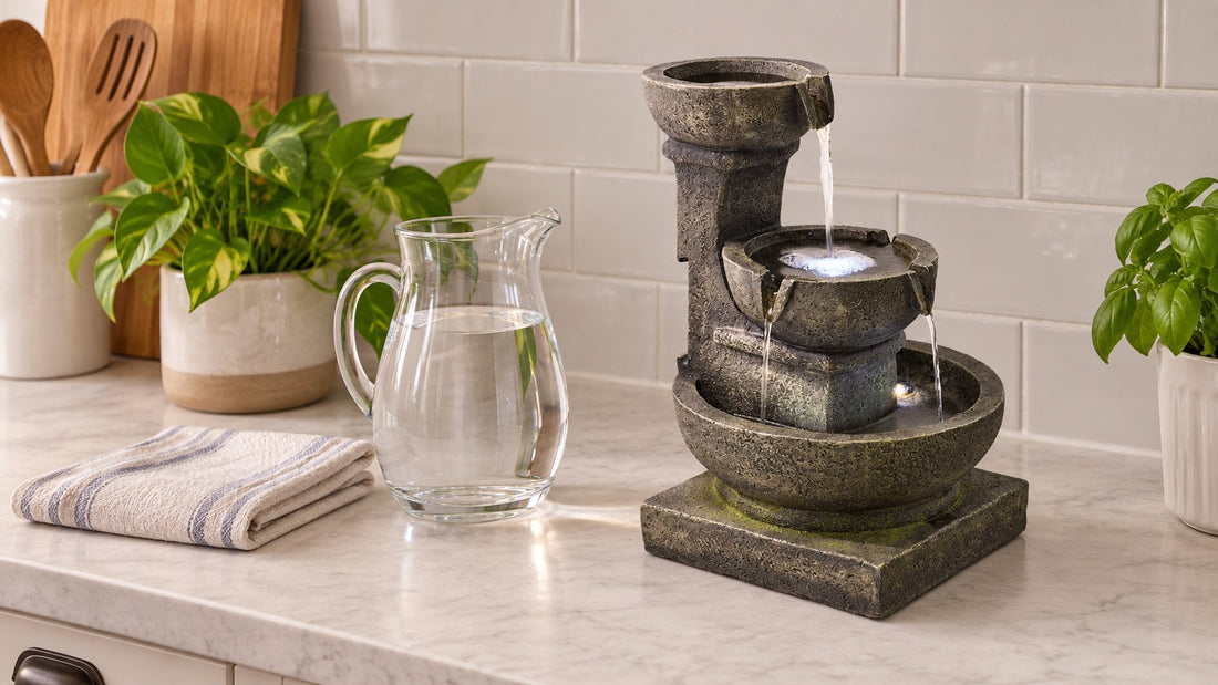 Small tiered fountain on a kitchen counter beside a glass jug of water and a folded cloth