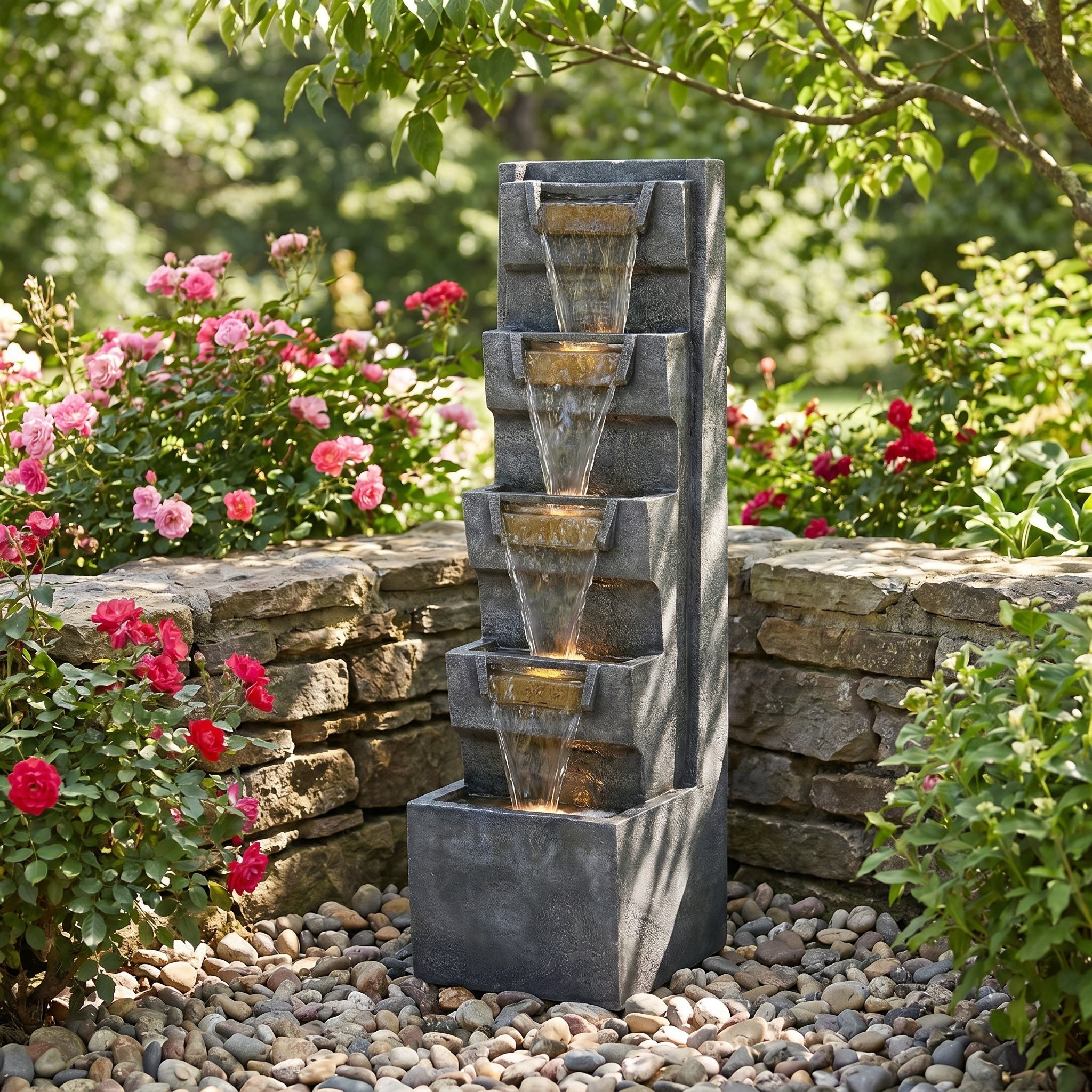 tilted basin cascade tower fountain in a garden bed with pink roses and stone wall