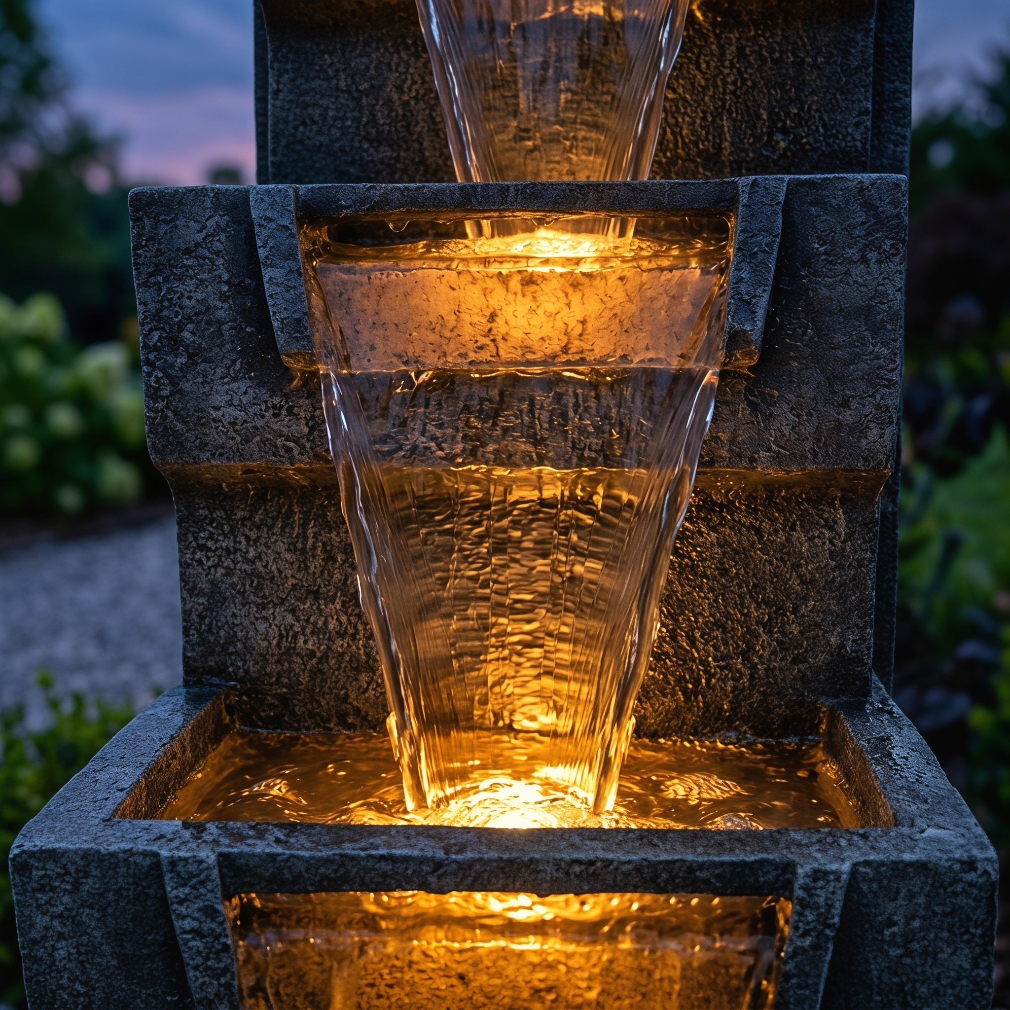 closeup of warm lit tilted basins with falling water at night