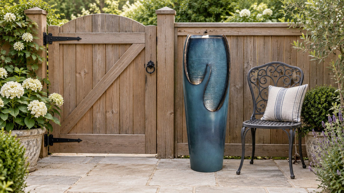 Turquoise crackle glazed jar fountain beside a wooden garden gate and wrought iron chair