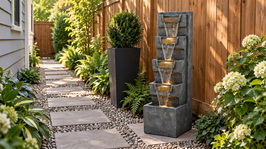 Stepped tray wall fountain against a cedar fence in a narrow side yard beside a stepping stone path