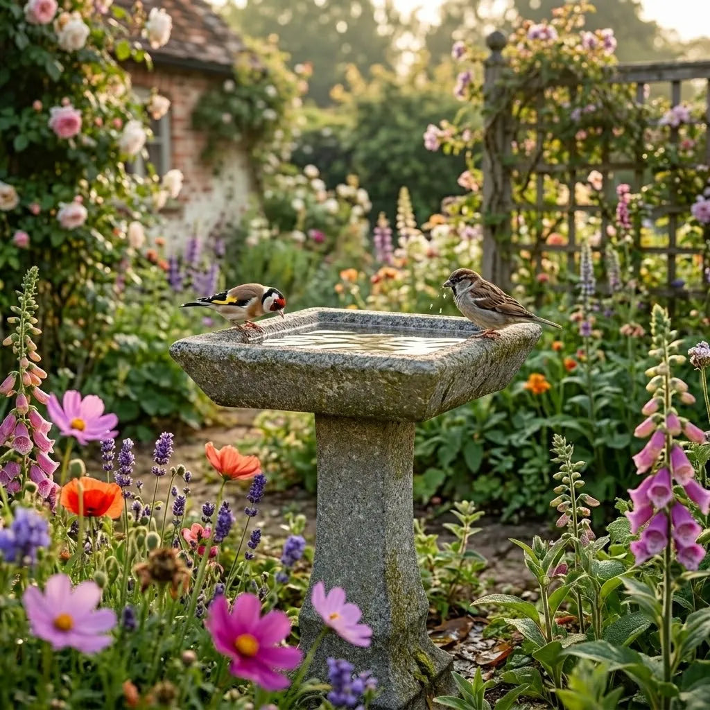 Two songbirds perched on a decorative concrete bird bath surrounded by wildflowers in a cottage garden