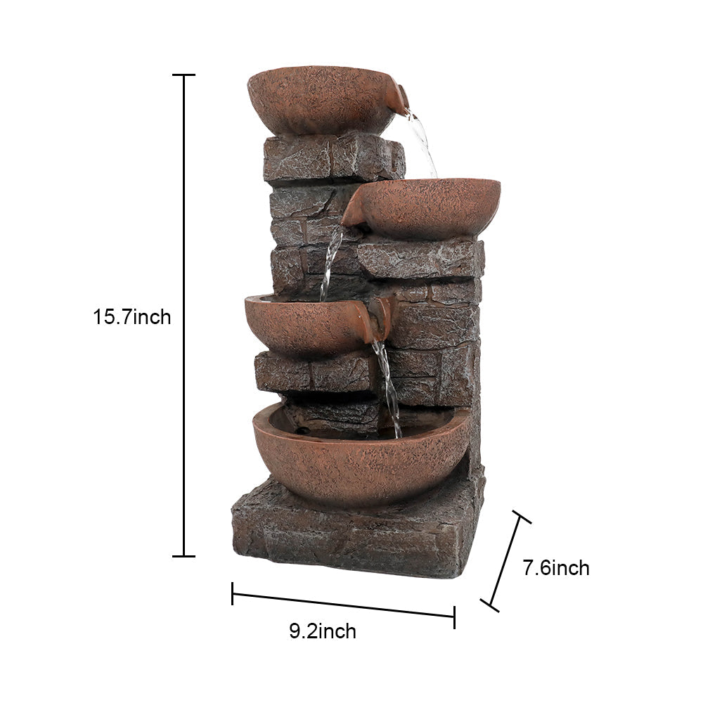 4-Tiered Resin Bowl Indoor Tabletop Fountain with LED Light-15.7"H