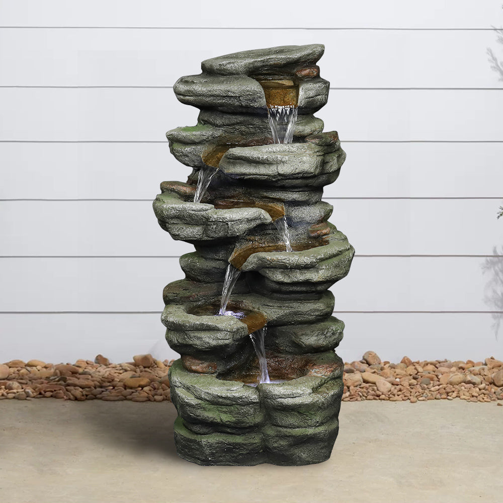 30.7"H- Tiered Rock Garden Outdoor Fountain with White LED Lights