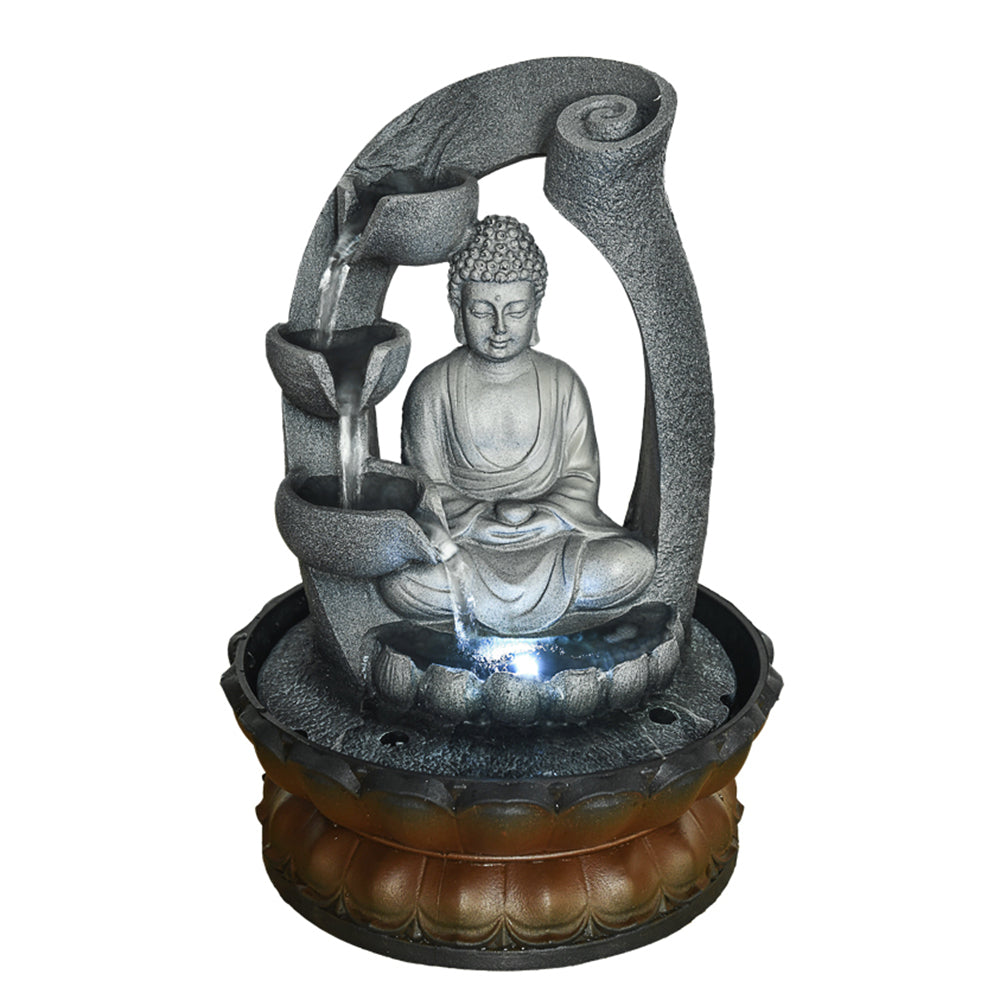 Indoor Tiered Resin Buddha Tabletop Fountain with LED Light and Lotus Base-11"H