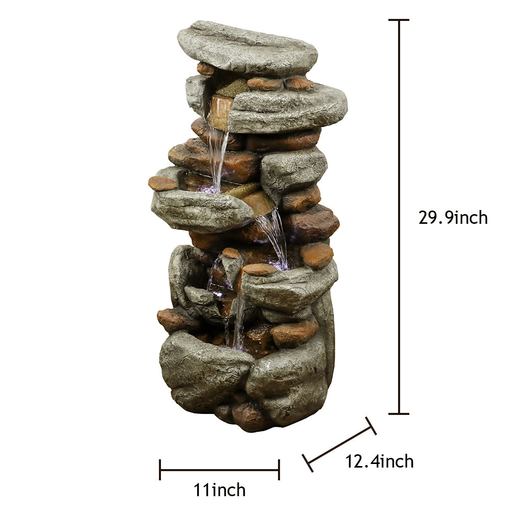 29.9"H-Tiered Rock Garden Outdoor Fountain with LED Lights