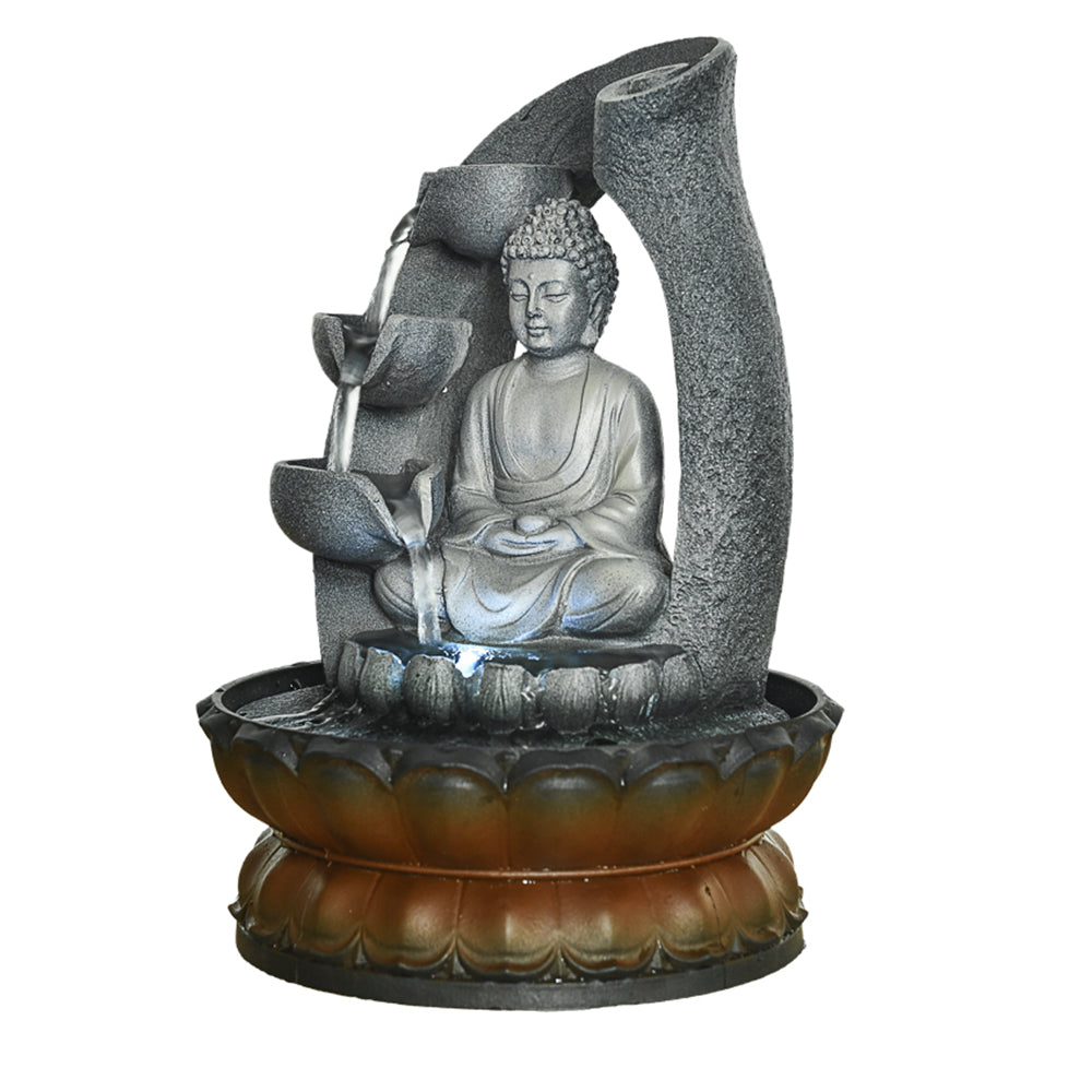 Indoor Tiered Resin Buddha Tabletop Fountain with LED Light and Lotus Base-11"H