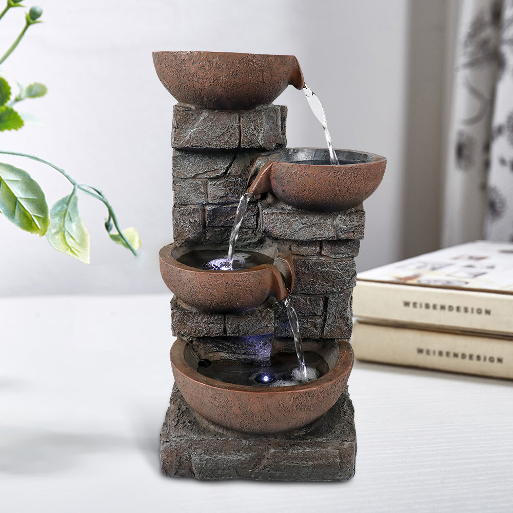 4-Tiered Resin Bowl Indoor Tabletop Fountain with LED Light-15.7"H