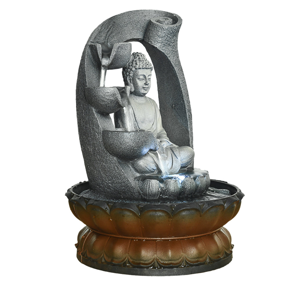 Indoor Tiered Resin Buddha Tabletop Fountain with LED Light and Lotus Base-11"H