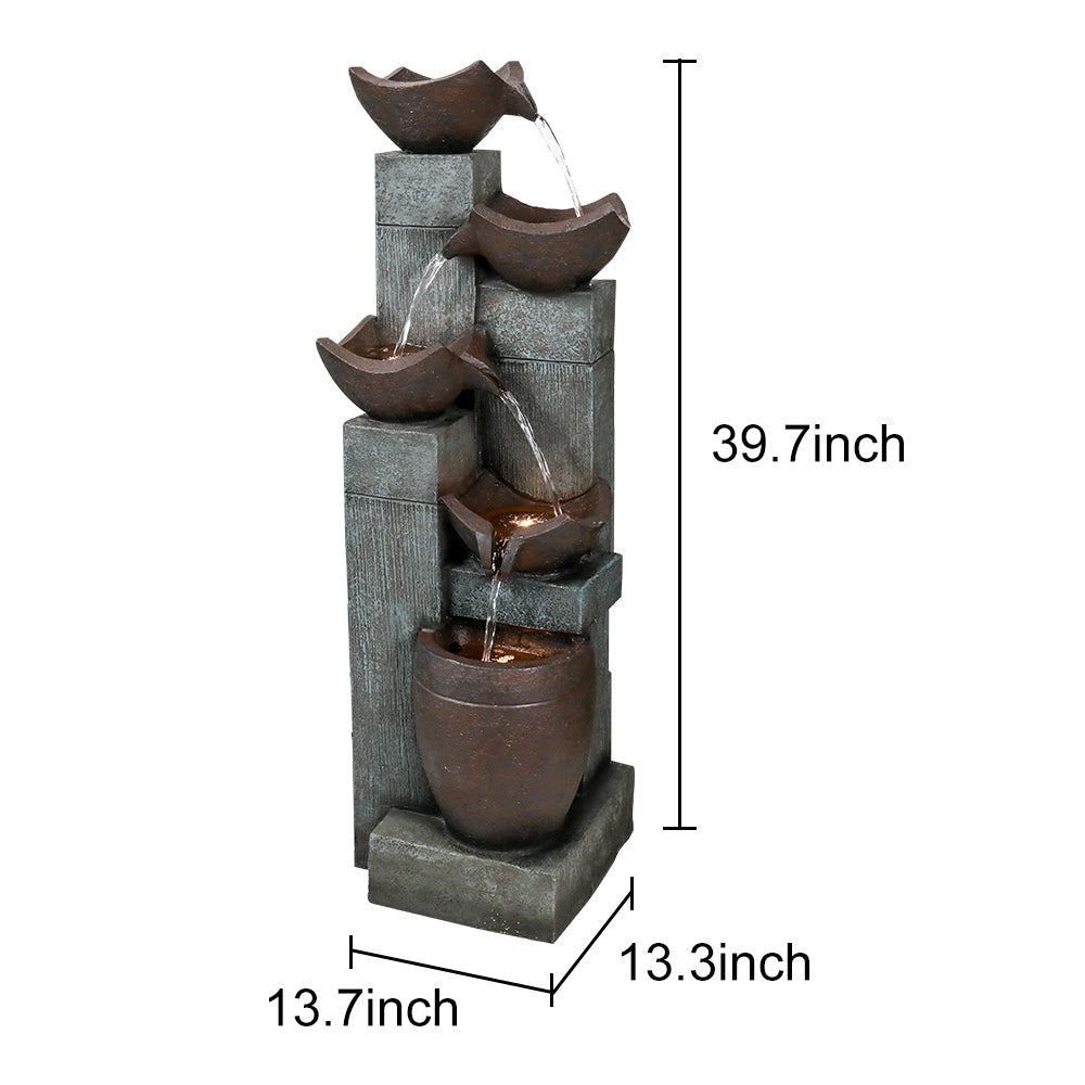 39.7”H 5-Tiered Garden Outdoor Fountain with Warm LED Lights