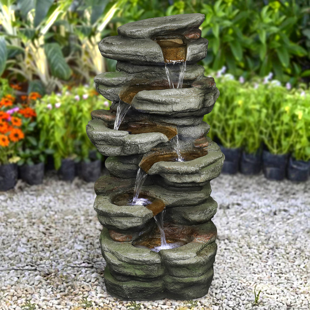 30.7"H- Tiered Rock Garden Outdoor Fountain with White LED Lights