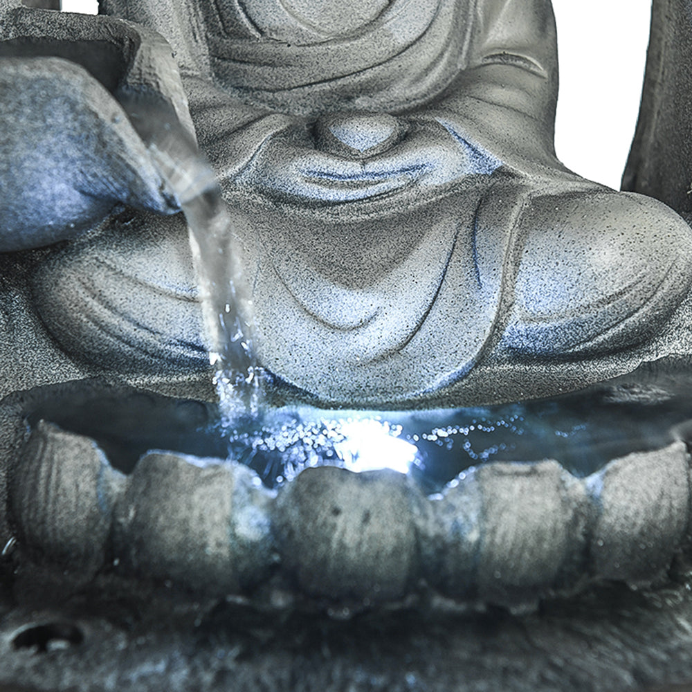Indoor Tiered Resin Buddha Tabletop Fountain with LED Light and Lotus Base-11"H