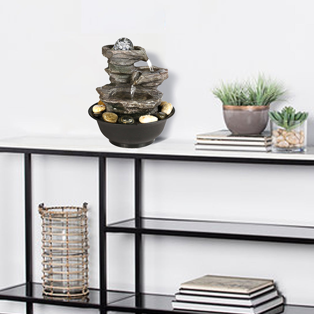 4-Tiered Cascading Resin-Tabletop Indoor Fountain with Glass Ball