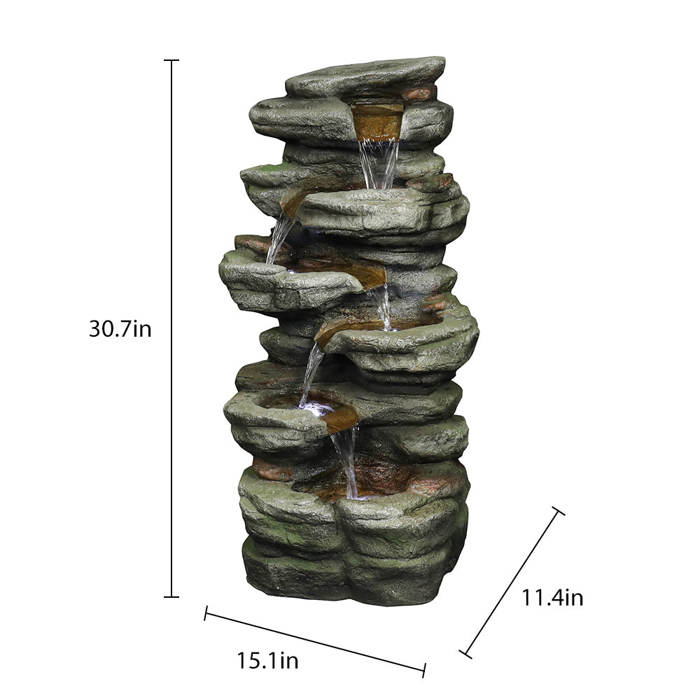 30.7"H- Tiered Rock Garden Outdoor Fountain with White LED Lights