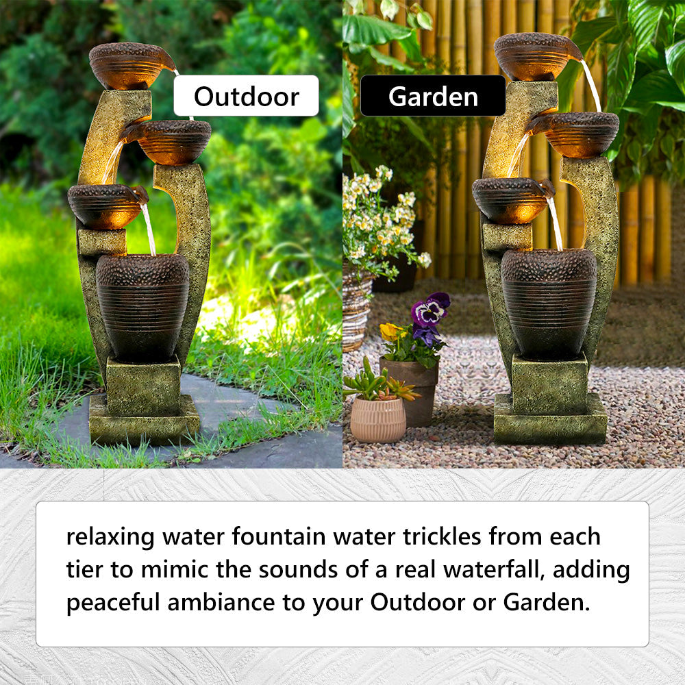 Resin Curved Sculptural Outdoor Water Fountain 40 Inch LED lit at night