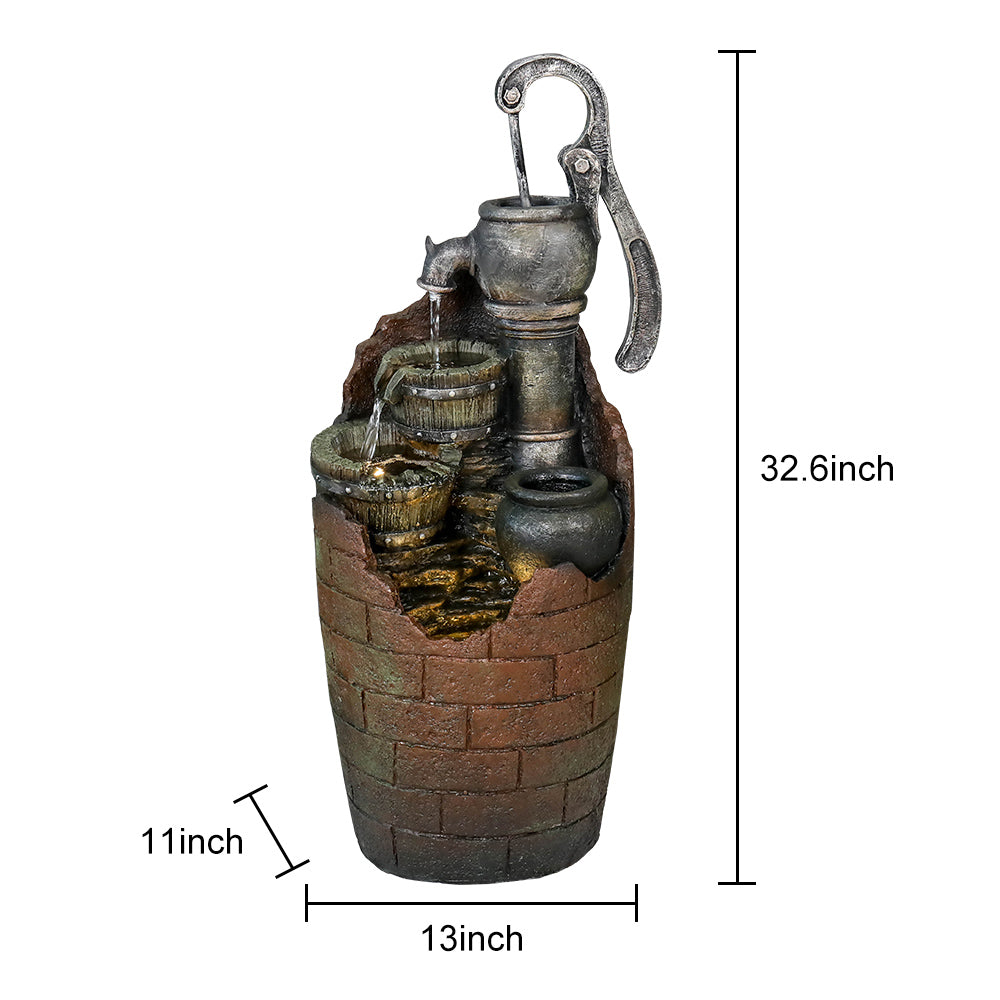 Detailed dimensions and size chart for the hand pump and barrel water feature