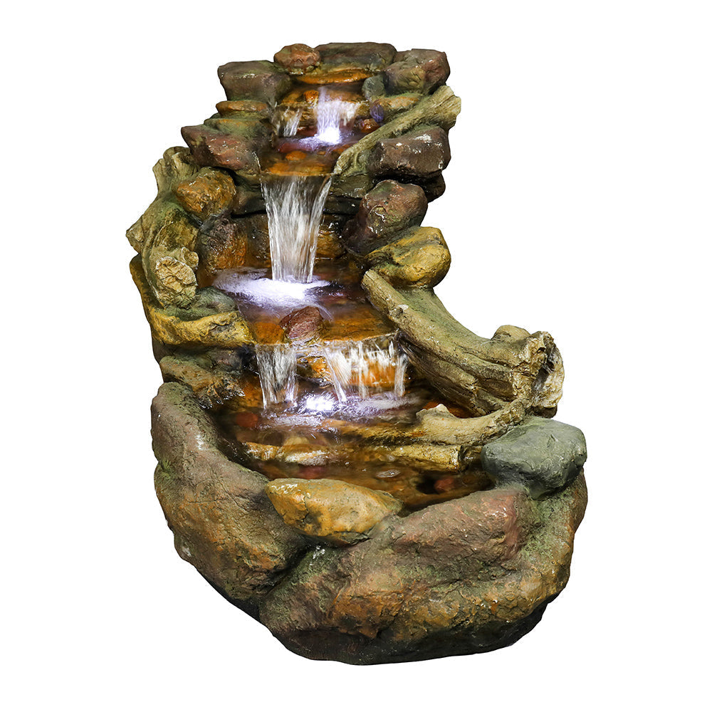 Front view of the 39" wide river style fountain with LED lights on white background