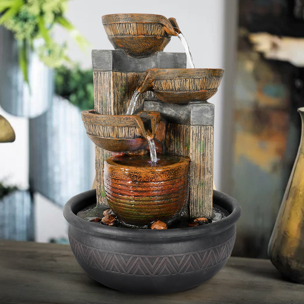 Resin Terracotta 5 Tier Tabletop Fountain 15 Inch LED lit at night