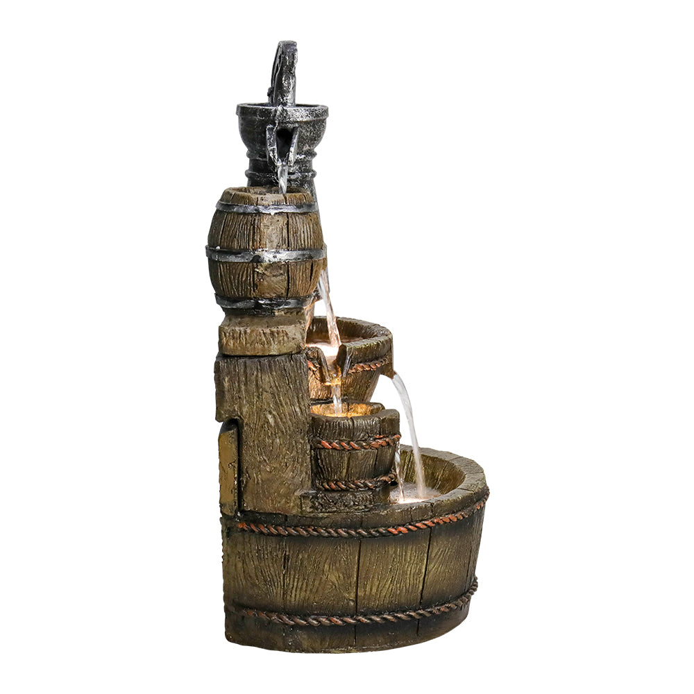 Side profile of the lightweight resin rustic barrel fountain on white