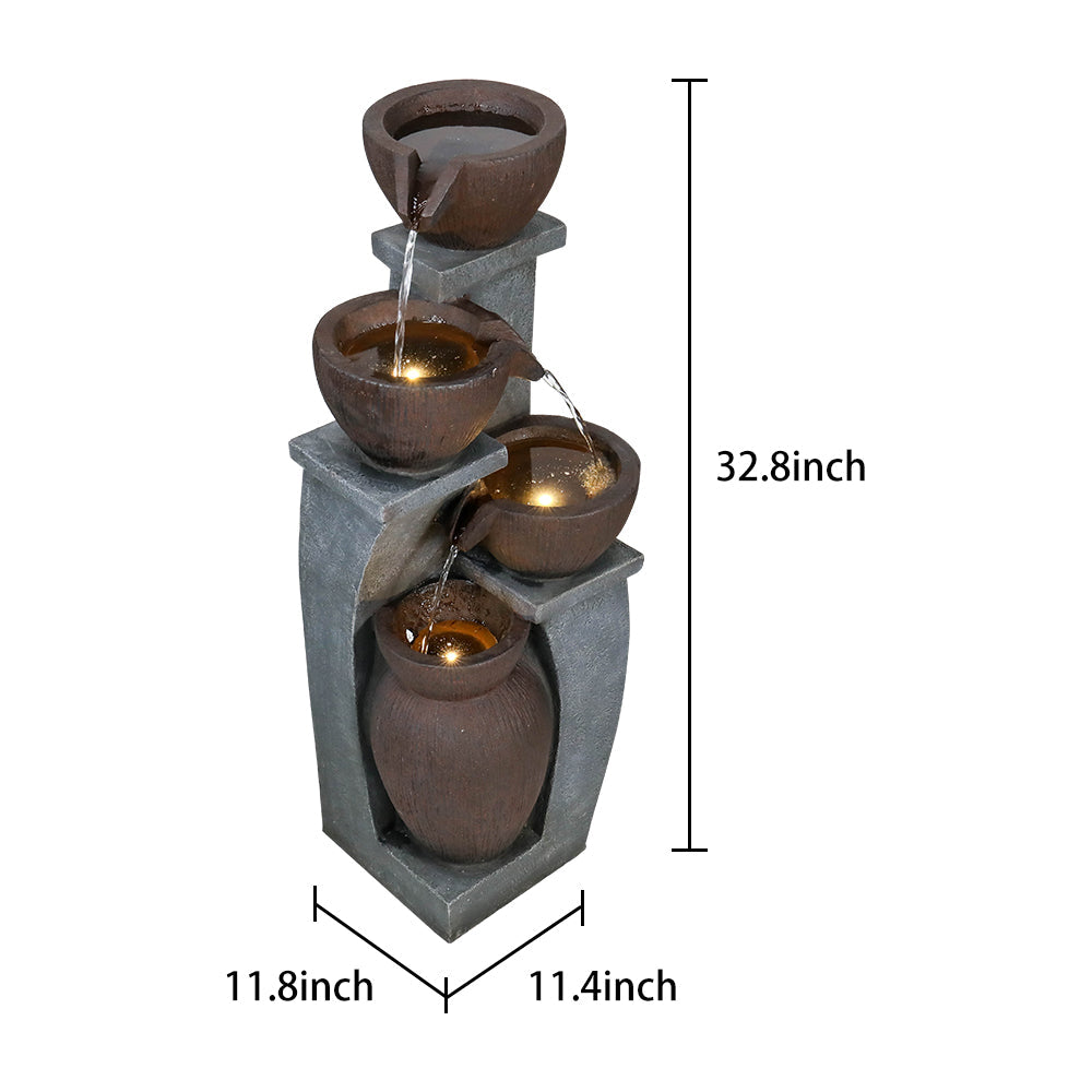 Technical diagram showing the 11.8x11.4x32.8" dimensions of the 4-tier fountain.